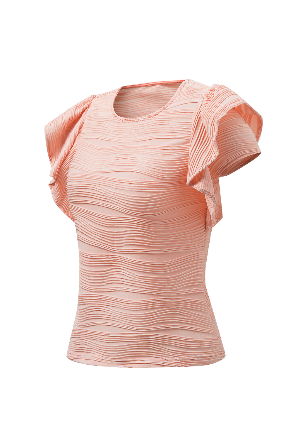 Apricot Pink Wavy Textured Ruffle Sleeve Top