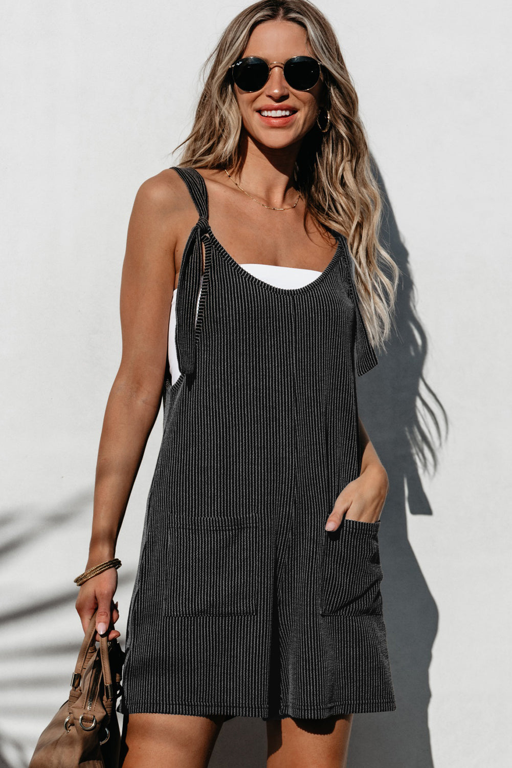 Dark Grey Striped Print Knotted Straps Pocketed Romper