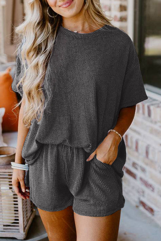 Carbon Gray Ribbed Textured Knit Loose Fit Tee and Shorts Set