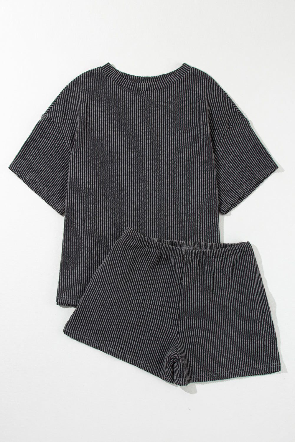 Carbon Grey Ribbed Textured Knit Loose Fit Tee and Shorts Set