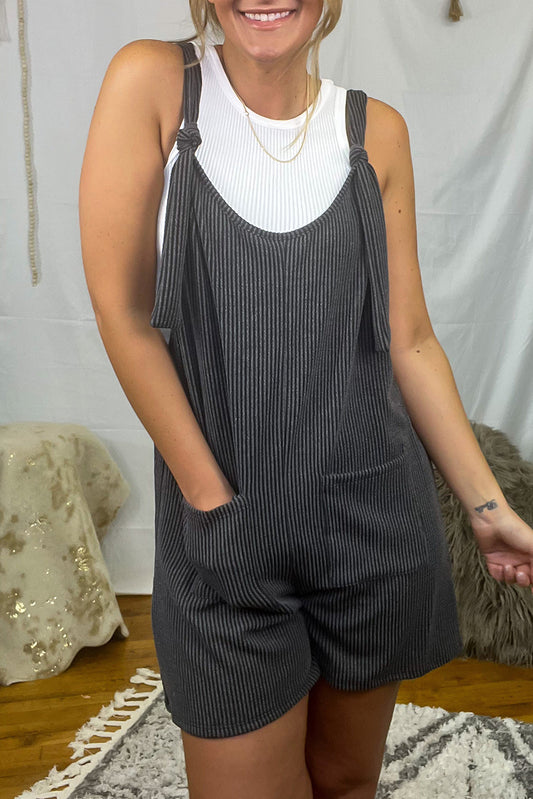 Dark Gray Striped Print Knotted Straps Pocketed Romper